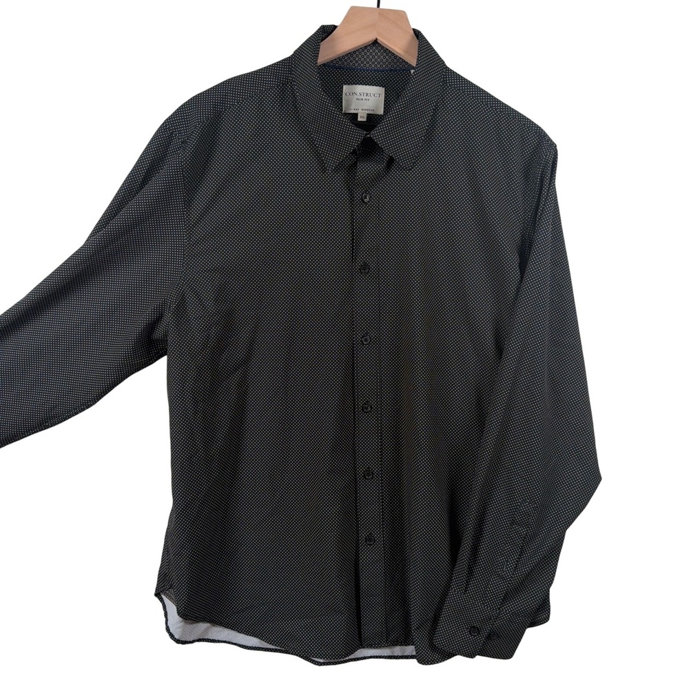 Con.Struct 4-Way Stretch Shirt Mens XL Slim Fit Black Polka Dot Button Down